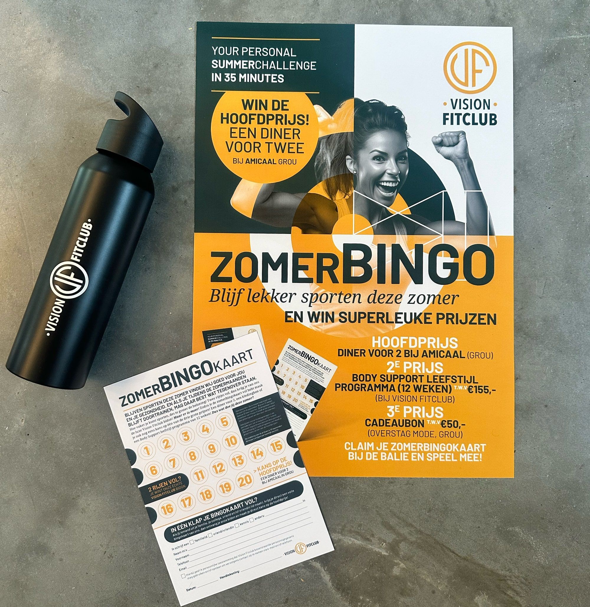 Zomerbingo-campagne voor Vision Fitclub: poster, bingokaart en bedrukte bidon